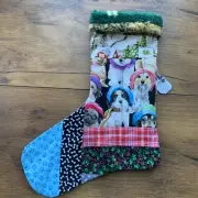 Christmas Stocking Quilted Patchwork Fabric Dog Puppies NEW 15” Handmade