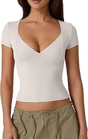 [QINSEN] Women's V Neck Short Sleeve T Shirts Double Lined Tee Seamed Cup Going Out Tops