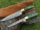 HUNTEX Handmade Damascus Blade, Full Tang 2 Pcs Kitchen BBQ Camping Knife Set