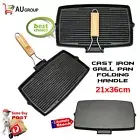 CAST IRON GRILL FRYING PAN WITH FOLDING WOODEN HANDLE NO COATING COOKWARE