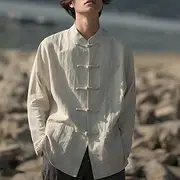 Men's Shirt Linen Shirt Chinese Collar Shirt Mandarin Collar Shirt Casual Shirt Button Up Shirt Plain Vacation Hawaiian Black White Navy Blue Beige Long Sleeve
