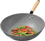 30cm Non-Stick Wok Pan with Glass Lid � Healthy Low-Oil Frying Pan for All Stoves (Induction/Gas/Electric) � Wooden Handle, Less Smoke Design � Universal Nonstick Skillet