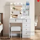 Dressing Table Dresser Makeup Vanity Table Stool Set with Mirror&LED Light White
