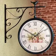 Outdoor Garden Wall Mounted Clock, Double Sided Industrial Clocks, 360°Rotation Vintage Train Station Clock with Station Bracket Wrought Iron Hanging Clock