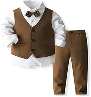 [Kimocat] Boys 3Pcs Clothing Sets Cotton Long Sleeve Bowtie Shirts +Vest +Pants Casual Suit, Brown, 1 Year