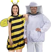 MEWTOGO Halloween Bee and Beekeeper Costume - Couples Costumes Cosplay Bee Suit, Bee Protective Jacket with Veil Hood & Women Dress with Wing for Halloween Party Adult Cosplay