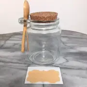 Clear Glass Salt Spice Jar with Cork Lid & Attached Bamboo Scoop Spoon & Label