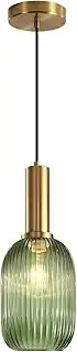 KCO Lighting Green Ribbed Glass Pendant Light Kitchen Island Small Antique Brass Ceiling Pendant Light Mid Century Modern Dining Room Hanging Light Fixture Gold Globe Pendant Lighting