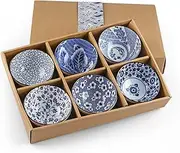 Sanbege Ceramic Rice Bowls 10 oz, Janpanese Style Bowl Gift Set, Assorted Dinnerware Serving Bowls for Cereal, Soup, Dessert, Snack, Fruit, Salsa, Pack of 6 (Blue and White)