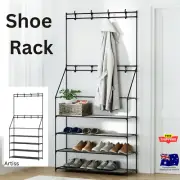 Artiss Shoe Rack Coat Hat Clothes Stand Double-Hook Hang Style Stack- Black