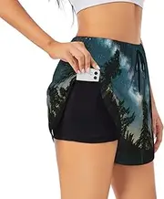 [GaxfjRu] Night Sky with Trees Print Women's Running Shorts High Waisted Running Shorts Pocket Sporty Gym Elastic Short