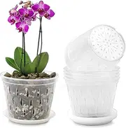 Kitypartsy Orchid Pot, 5 Inch 6 Pack Orchid Pots with Holes and Saucers, Clear Plastic Orchid Pots