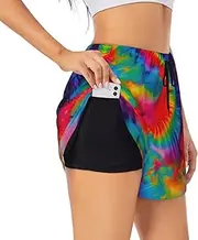 [GaxfjRu] Colorful Tie Dye Pattern Print Women's Running Shorts High Waisted Running Shorts Pocket Sporty Gym Elastic Short