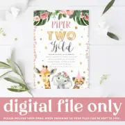 Printable Girl's Two Wild Birthday Invite, Jungle Animal Themed Digital File