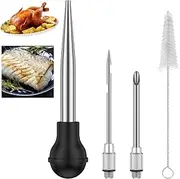 Turkey Baster Set of 4 Stainless Steel Turkey Baster Syringe Meat Marinade Injector Needle with 2 Needles Silicone Bulb and Cleaning Brush Meat Baster for Kitchen Cooking