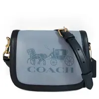 在飛比找ETMall東森購物網優惠-COACH 壓印大馬車LOGO皮革翻蓋馬鞍斜背包(灰藍色)