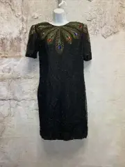 NWT Vintage 80's Royal Feelings 14 Black Sequin Midi Dress Bead Peacock W14-1