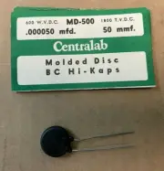 NOS Centralab Type MD Molded Disc Ceramic BC Hi-Kaps, MD-500, 50 MMF 600VDC