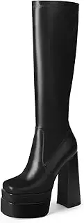 [wetkiss] Stacked Platform Knee High Boots for Women With High Chunky Heel, Gogo Boots for Women with Square Toe Side Zipper Stretch Boot
