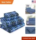 100% Cotton Flannel Sheets - King Size - Deep Pockets - Blue Plaid - 4 Pcs