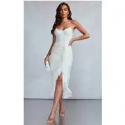 White Devore Tassel Detail Underwired Draped Midi Dress, White