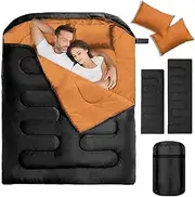 Double Sleeping Bags for Adults, 2 Person Camping Sleeping Bag for Cold Weather & Warm, Queen Size Sleeping Bag with 2 Pillow, Sleep Bag for Camping, Hiking, Backpacking