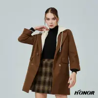 在飛比找momo購物網優惠-【HONOR 山形屋】假兩件式連帽毛呢大衣-黑/卡其(MOM