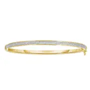 14k Yellow Gold Shiny Oval Shape White Glitter Bangle Bracelet, 7.25"
