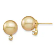14K 9 10mm Golden Saltwater Cultured South Sea Pearl .10ct Dia Earrings