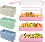 4 Pack Stackable Bento Box,Lunch Box with Cutlery,3 Layer Sealed Lunch Box,Food Storage Container,Snack Boxes,Wheat Straw Case,for School,Picnic,Travel,Office