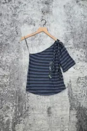 New Lucky Brand Gray & Blue Striped Linen Tie One Shoulder Shirt Top S Small