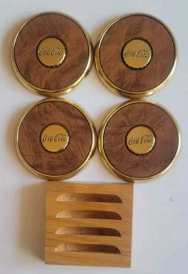 New Leather & Brass Coca Cola Coasters and display holder Coca Cola Set of 4