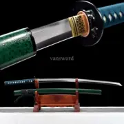T12A Steel Clay Tempered Japanese Katana Samurai Sword Full Tang Green Scabbard.