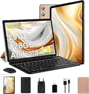 BIEGEDY Tablet 10 Inch Android 14 Octa-Core, 5G WLAN 6, 20 GB RAM + 128 GB ROM (TF1 TB), Widevine L1, Bluetooth 5.0, 1280 x 800, GMS 6000 mAh, 5MP + 8MP, Tablet with Keyboard Mouse Gold