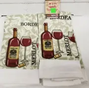 2 SAME PRINTED KITCHEN TOWELS (15" x 25") 1 WINE BOTTLE, CORK OPENER & GLASS, HS