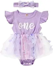 [GRNSHTS] Baby Girl 1st Birthday Outfits Ribbed Tulle Romper Princess Cake Smash Photo Shoot Clothes+Headband