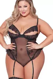Size 12-14 L Sexy Black Lace Sheer Lingerie Bodysuit Teddy Open Cup One Piece