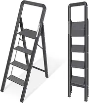 KINGRACK 4 Step Ladder with Handrail, Aluminium Folding Step Stool Portable, Non-Slip Household Stepladder with Wide Platform for Kitchen Pantry Closets Home Office, Maximum Load 150 kg, Black