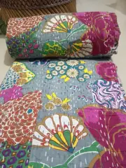 Indian Cotton Hand Block Print Kantha Quilt Blanket Coverlet Gray Bedspread