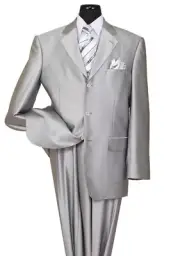 Men's Three Button Sharkskin Look Elegant Wool Feel Suit 58025 Silver