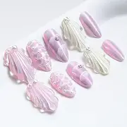 Sun&Beam Nails Handmade Press on Medium Long Almond Artistic Purple White Fashion Mermaid Artificial False Nail Tips 10 Pcs Set (#029 XS)