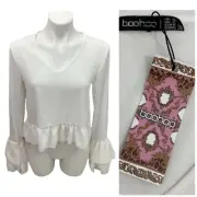 Boohoo Top Womens Size 6 Boho Peplum White Ruffle Blouse Peasant Office Church