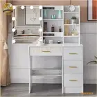 Dressing Table Makeup Vanity Desk With LED Sliding Makeup Mirror 4 Drawers Shelf