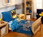 Batman Toddler Cot Bed 4 Piece Comforter Quilt & Fitted Sheet Set Boys Blue