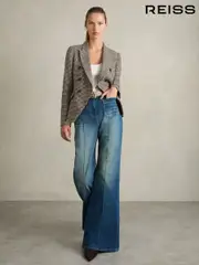 Reiss Navy Neutral Check Evie Petite Cotton-Linen Double-Breasted Houndstooth-Check Blazer (AM3681) | $610