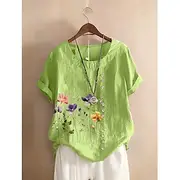Women's Blouse Floral Graphic Stylish Cotton Linen Casual Short Sleeve Crew Neck Regular Tops Daily Going out Buttons Print Green Summer Spring