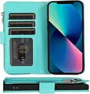 Cavor for iPhone 13 Mini Case,PU Leather Zip Pocket Wallet Flip Cover Case Magnetic Closure Book Design with Kickstand Feature & Card Slots Compatible with iPhone 13 Mini(5.4")-Light Green