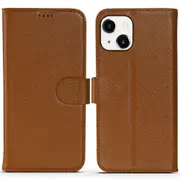 For iPhone 14 Plus Case Fashion Cowhide Genuine Leather Wallet Cover Brown