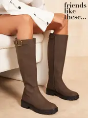 Friends Like These Brown Flat Buckle Strap High Leg Faux Leather Boot (E23628) | $55