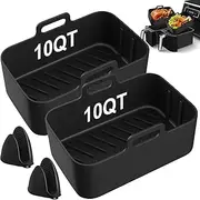 Wanocean 2Pcs 10QT Silicone Air Fryer Liners with Mitts, Air Fryer Basket Accessories, Reusable Airfryer Baking Tray Pots for Dual DZ401 DZ550, Replacement of Parchment Liner Paper, Black